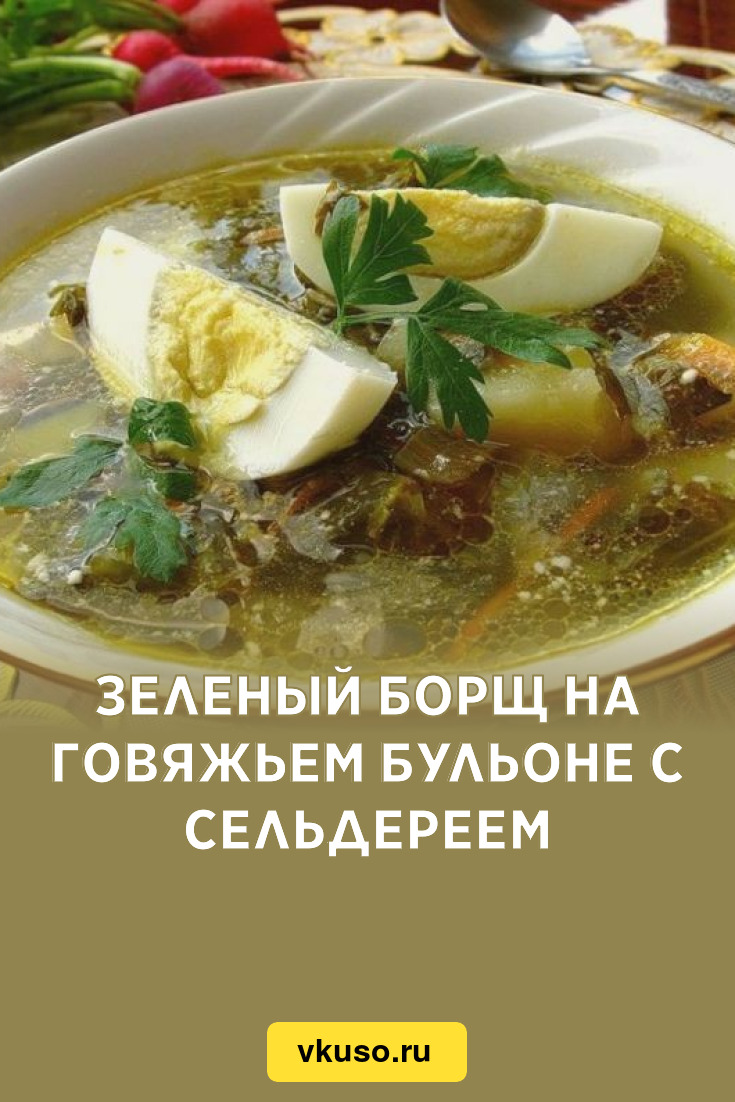 Зеленый борщ на говяжьем бульоне с сельдереем, рецепт с фото — Вкусо.ру